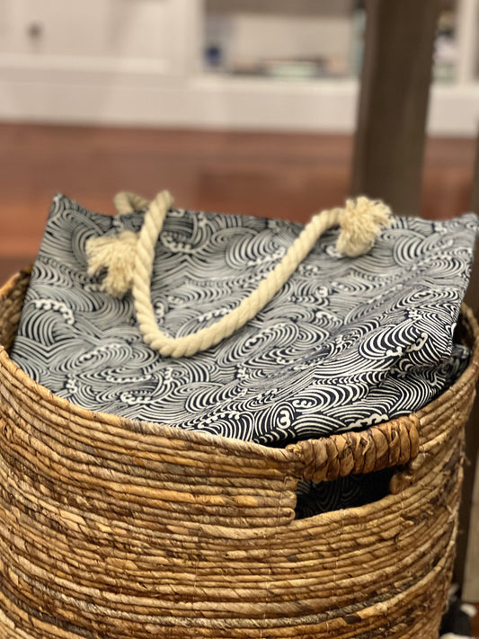 Rope Handled Tote Bag - Navy Waves